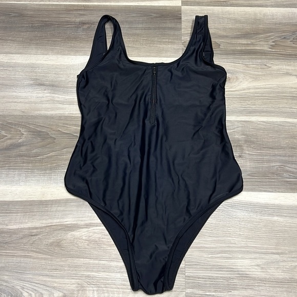 Black one piece zipper top open back bathing suit size large - Picture 2 of 8
